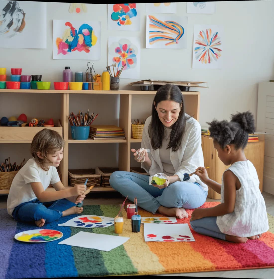 A teacher painting with two children on the floor