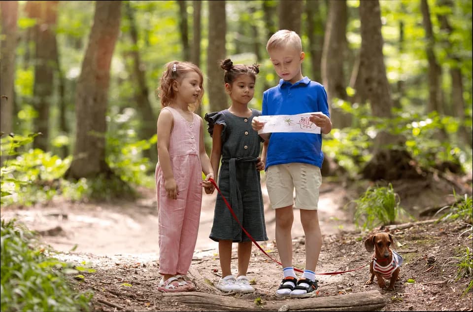Three toddlers on a woodland path with a small dog